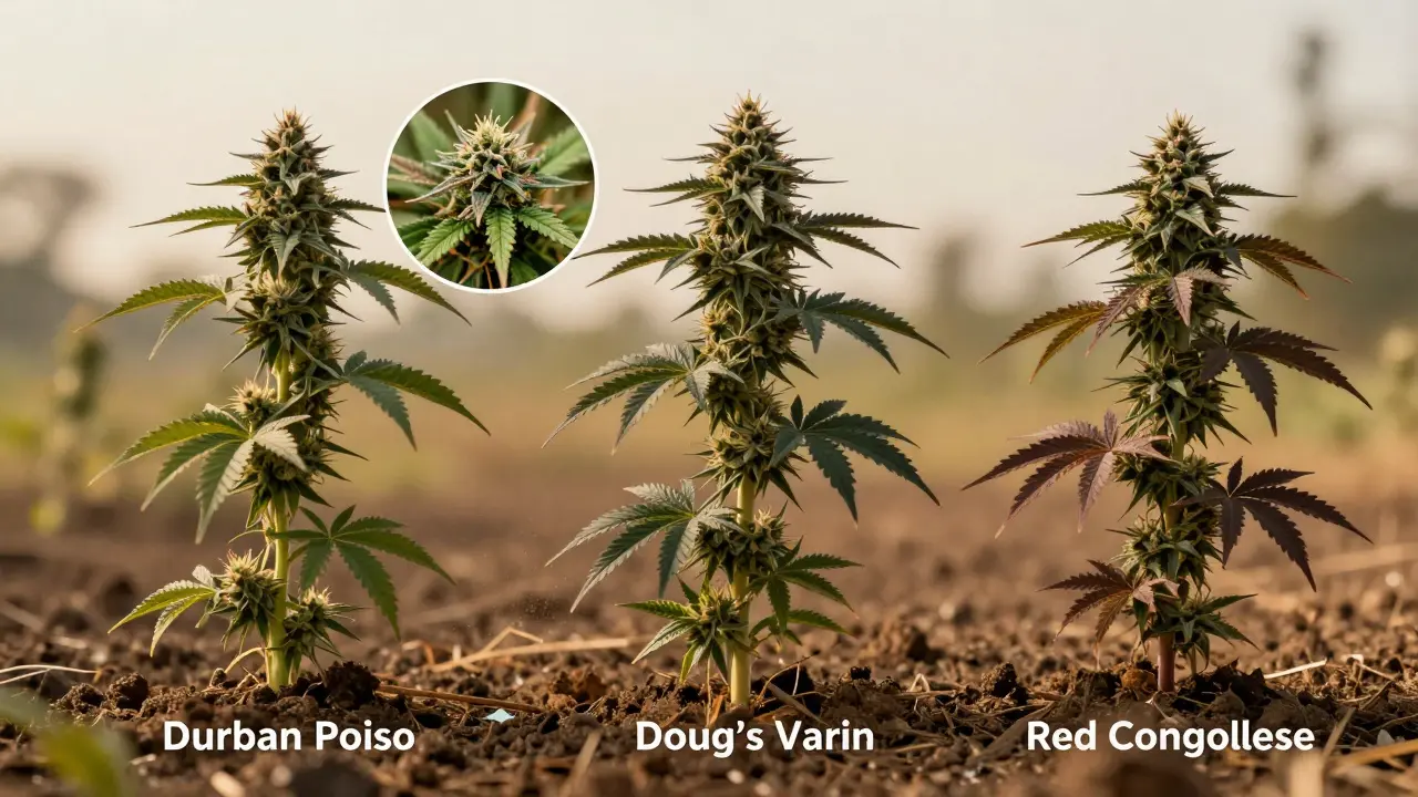 Tři různé odrůdy konopí – Durban Poison, Doug’s Varin a Red Congolese – s výraznějším obsahem THCV v afrických a asijských podmínkách.