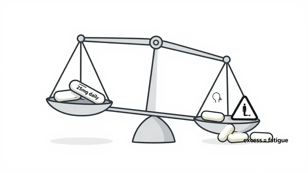 Váha s dvěma žvýkačkami na jedné straně a symboly klidu, spánku a bolesti na druhé, varování před předávkováním.