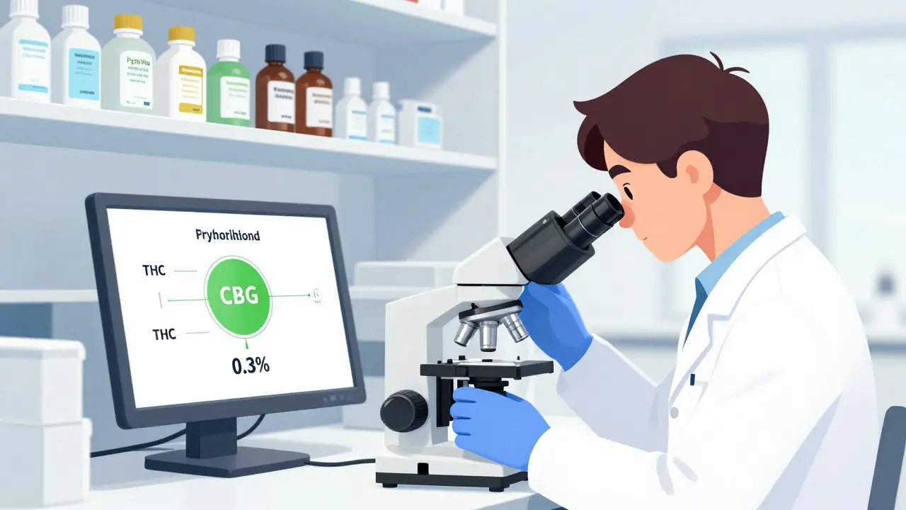Vědec analyzuje kosmetický vzorek v laboratoři s ukázkou CBG a THC pod 0,3 %.