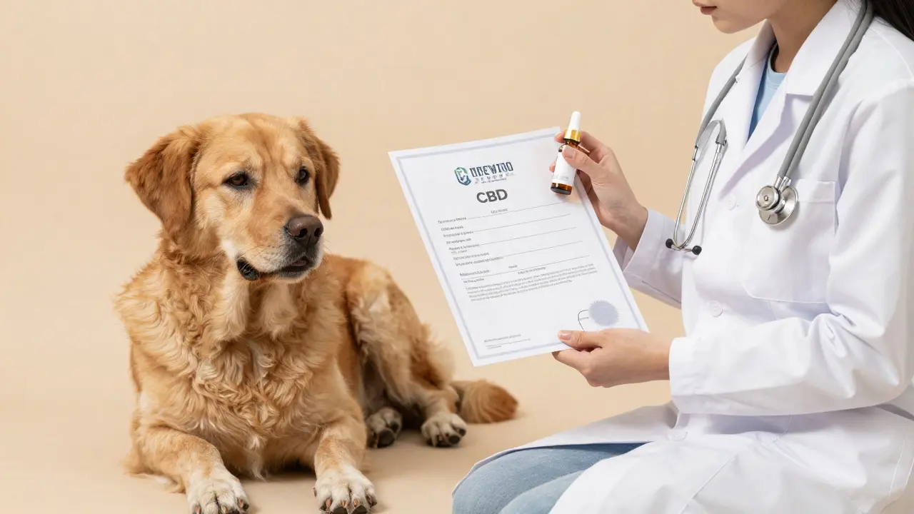 Veterinář prohlíží certifikát s pečetí, pes klidně leží, CBD olej vedle