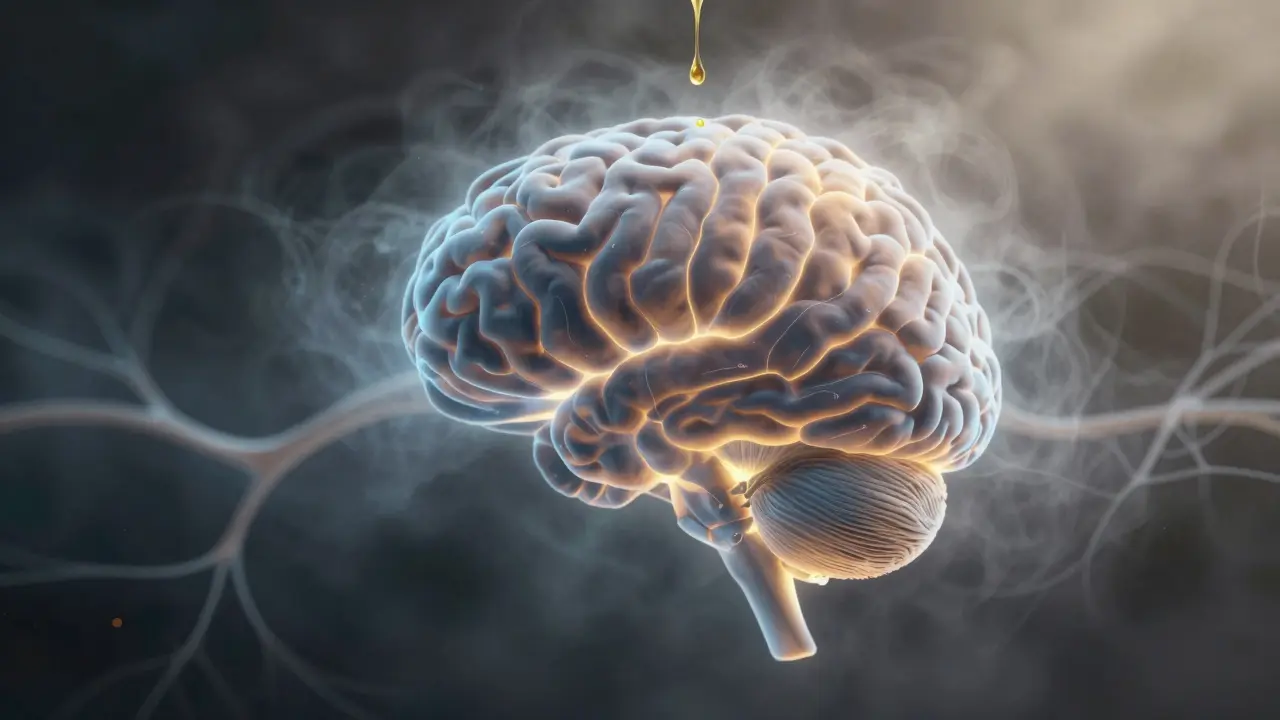 Abstraktní mozek s rozptýleným mlhovým zmatekem, který se mění v čisté nervové cesty.