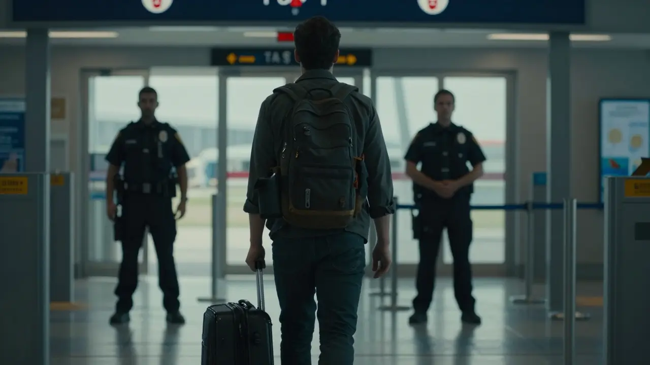 Cestovatel se obrací s kufříkem směrem k výstupu, kde stojí stínová postava policie.