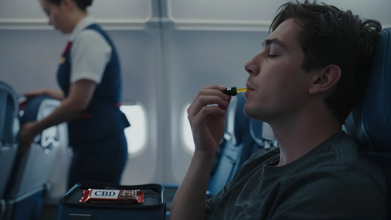 Cestující v letadle používá kapky CBD pod jazyk, zatímco letučka projíždí chodbou.