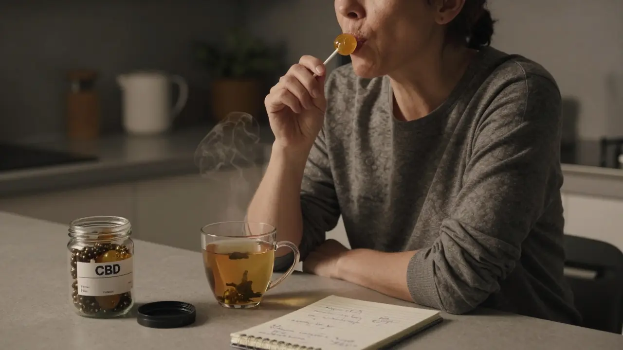 Dospělá osoba klidně vysává lollipop s konopím ve večerním prostředí domácnosti.