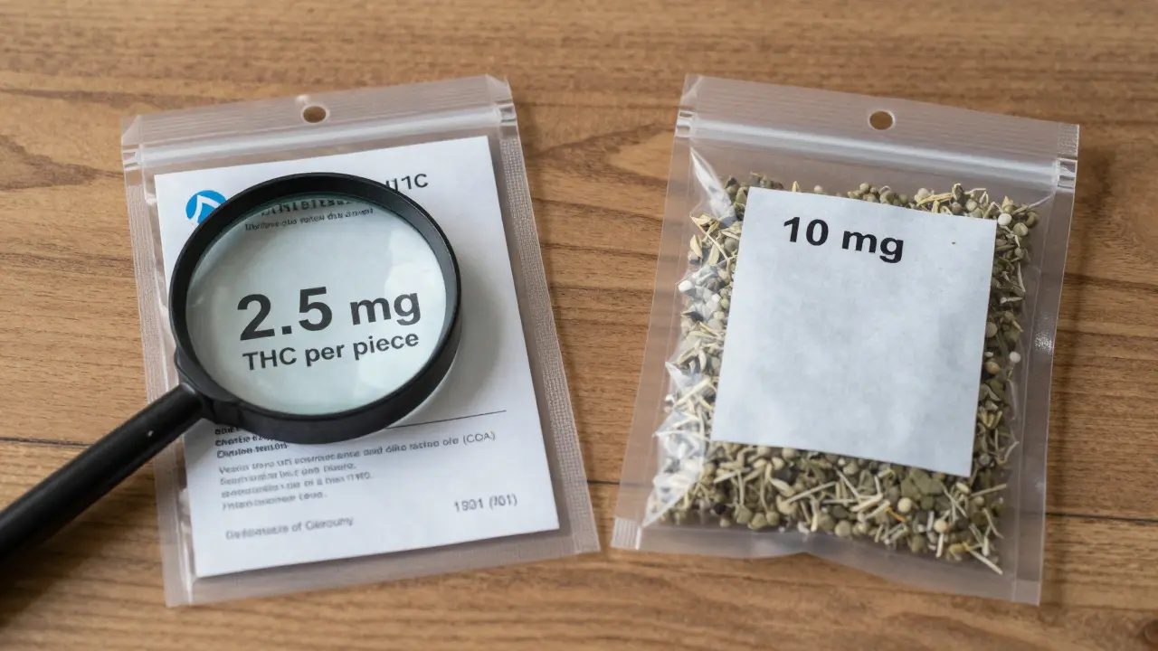 Dva druhy edibilů vedle sebe: jasně označený 2,5 mg THC na čistém balení a neoznačený 10 mg kousek.