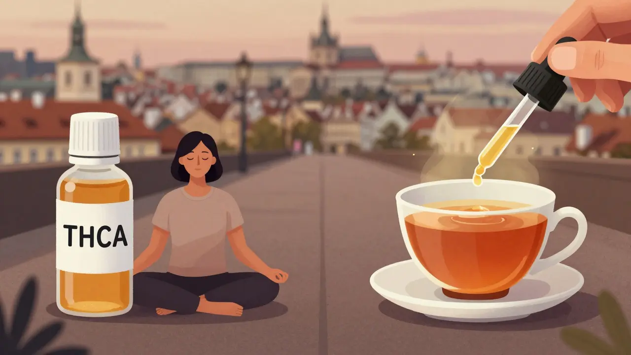 Dvě různé cesty léčby: surový THCA extrakt a CBD olej v teplé čaji, symbolizující různé přístupy k úlevě.