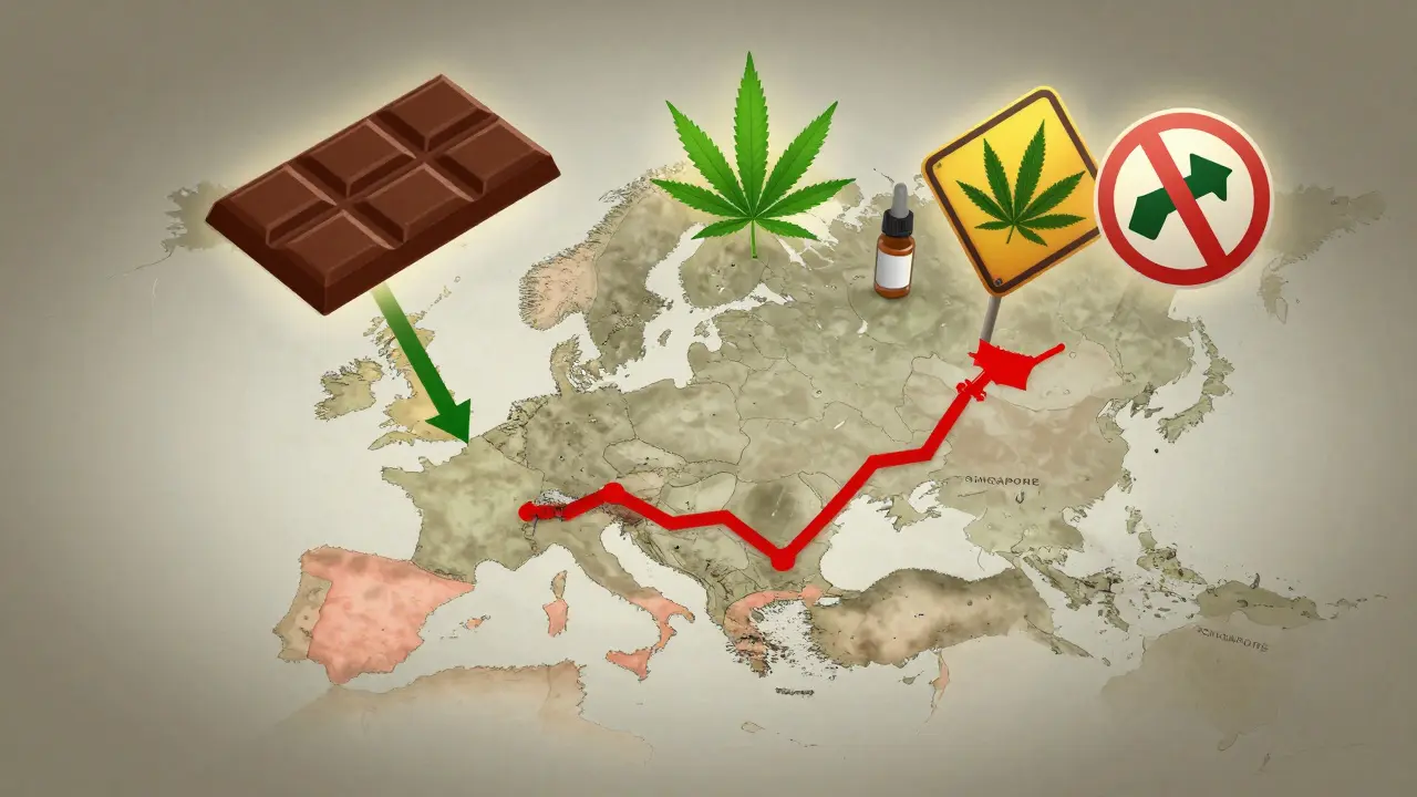 Globální mapa s označenými zeměmi, kde je CBD zakázané, a zeměmi, kde je legální.