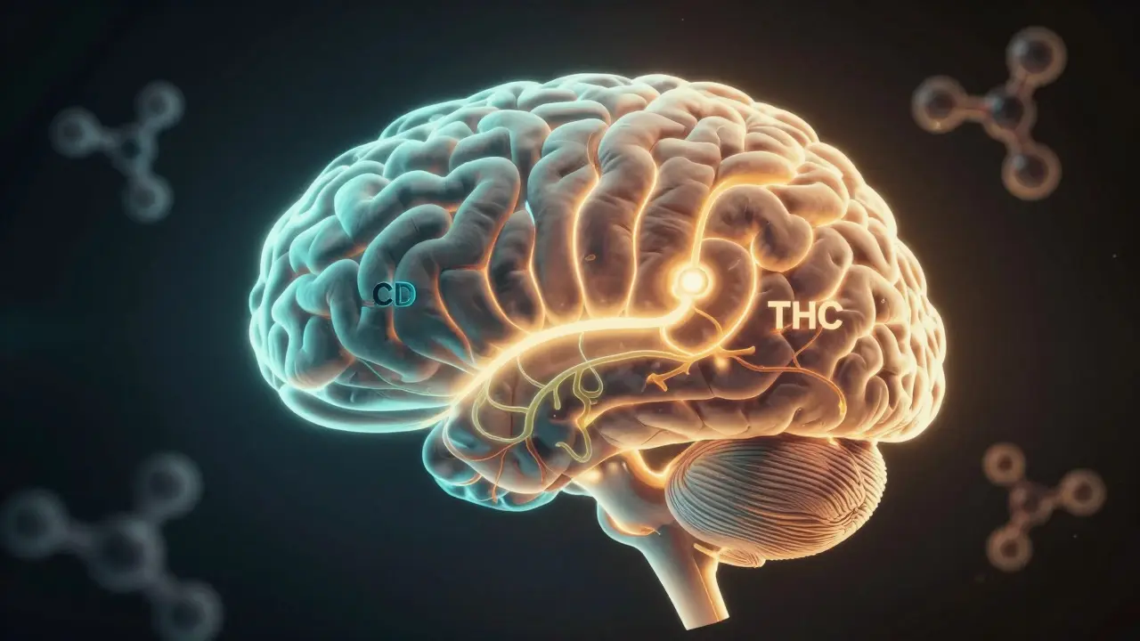 Ilustrace lidského mozku s dvěma světelnými cestami znázorňujícími CBD a THC.