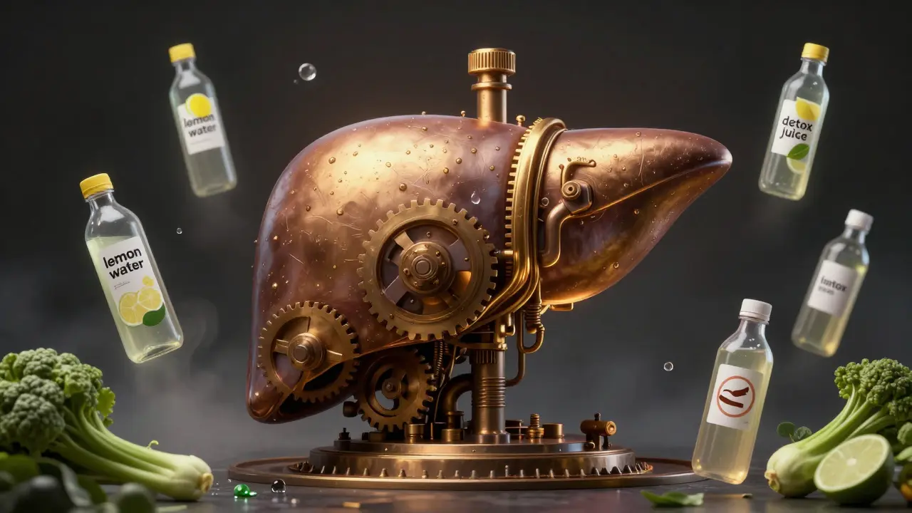 Játra jako stroj s odstraňovanými detox nápoji, podporovaná zeleninou a vodou.