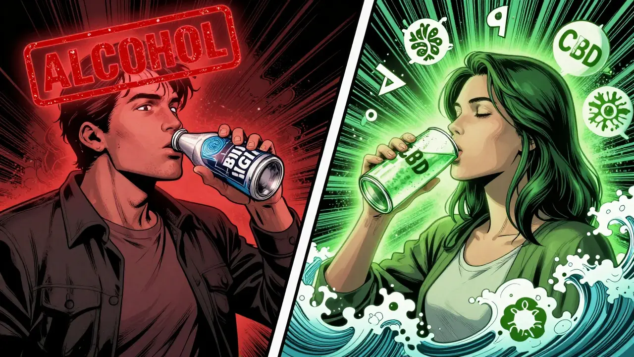 Komediový obrázek s rozdělenou obrazovkou: alkoholické pivo vs. CBD nápoj s symbolickými efekty