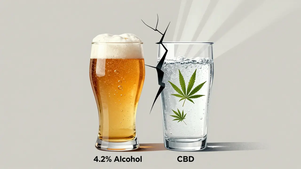 Koncepční ilustrace sklenice rozdělené na alkohol a CBD s kontrastními barvami a světlem