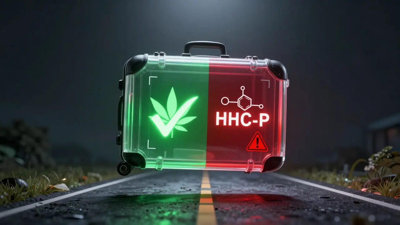 Koncepční obraz právní šedé zóny mezi legálním CBD a HHC-P nad letištní přistávací dráhou.