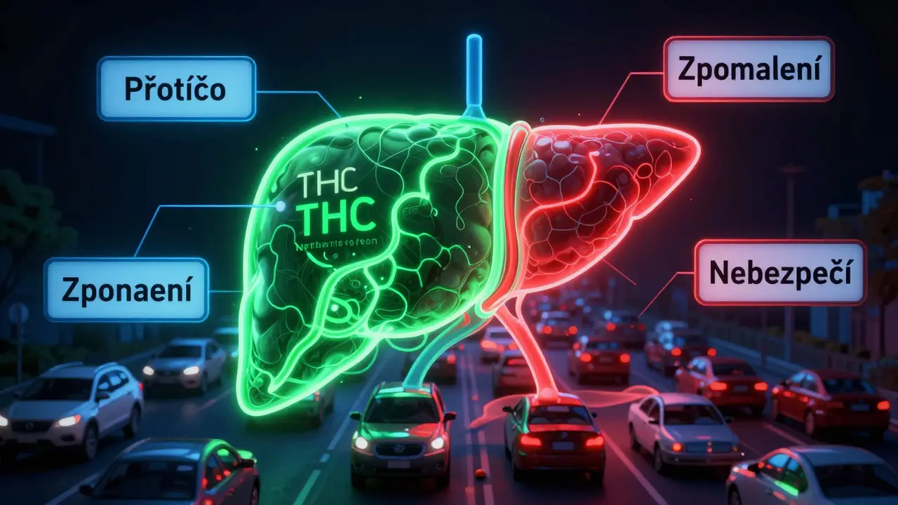 Lékařská ilustrace játra s překrývajícími se metabolickými cestami THC a alkoholu, s českými varovnými texty.
