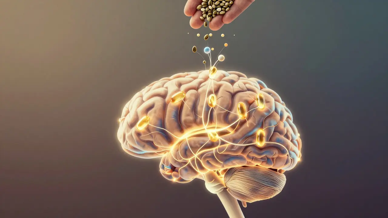 Lidský mozek s neuronovými spojeními napájenými látkami ze semen konopí