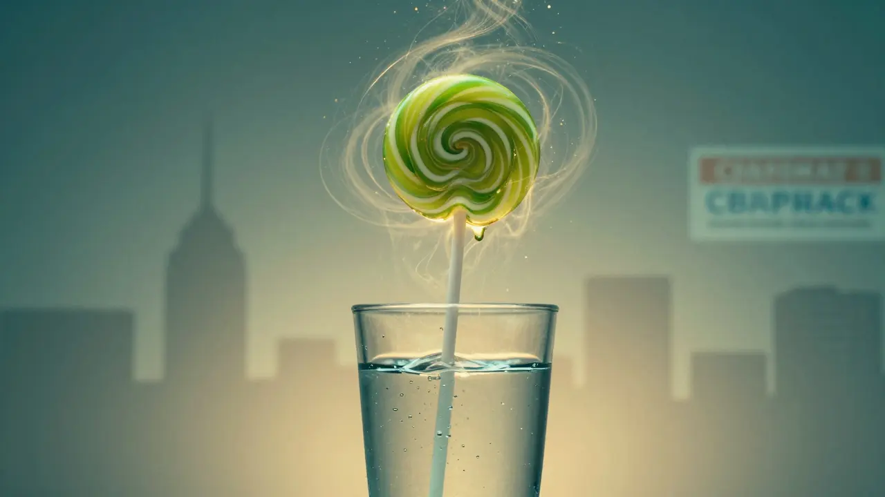 Lollipop se pomalu rozpouští ve vodě, vytvářející jemný zlatý a zelený záblesk.