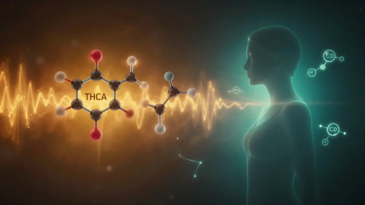 Molekulární transformace THCA v THC vpravo, zatímco CBD klidně obklopuje člověka vlevo, v kontrastních barvách.