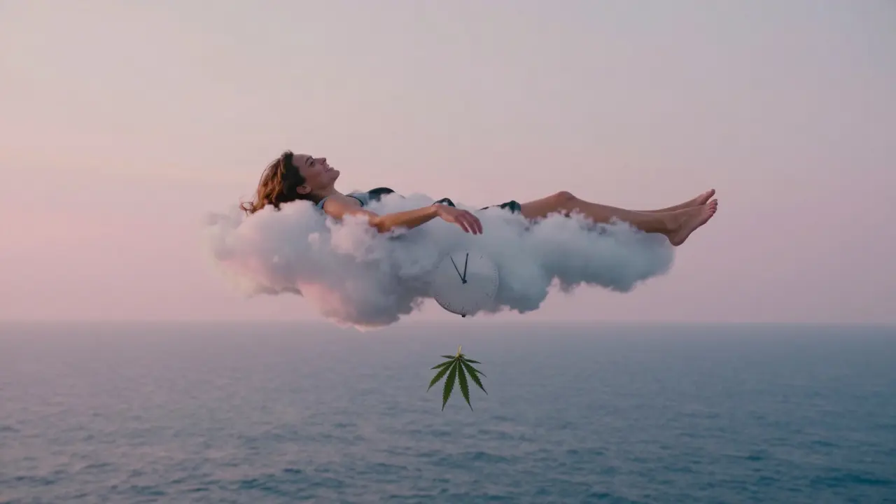 Osoba se jemně vznáší nad mraky, symbolizující přehnaný efekt konopí.