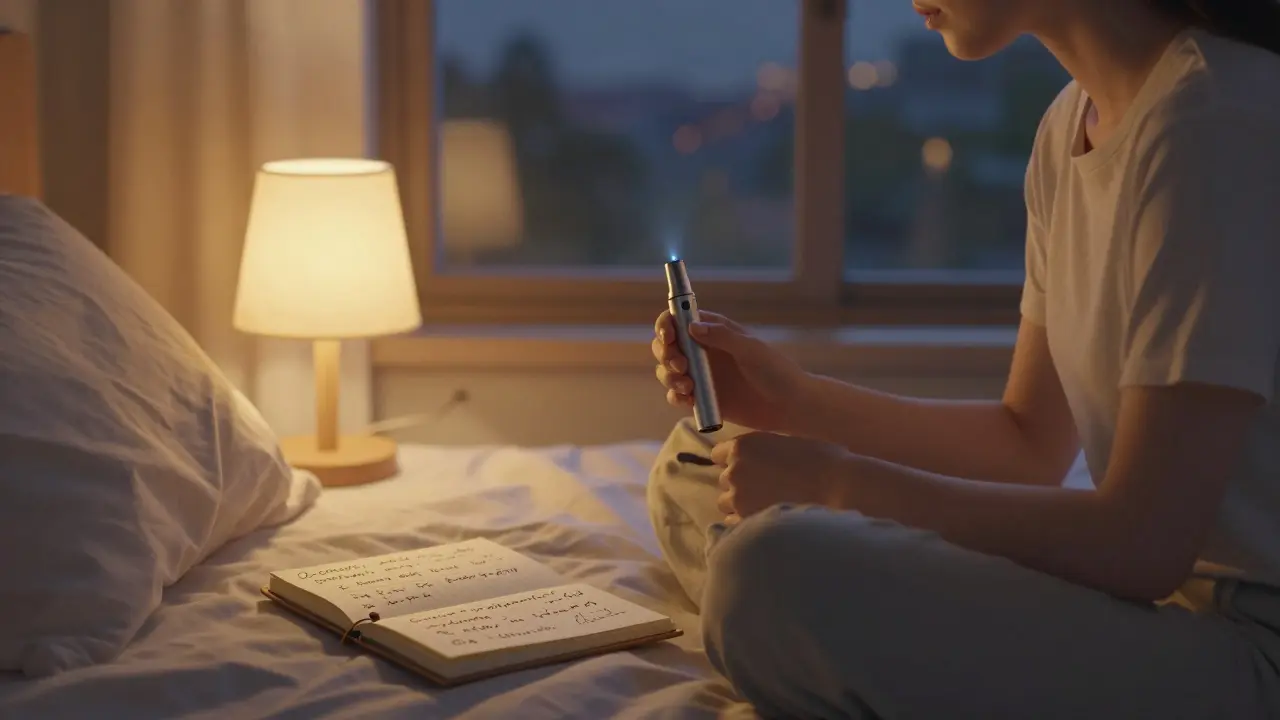 Osoba v klidu na posteli s vaporizérem večer, teplé osvětlení a poznámkový blok.