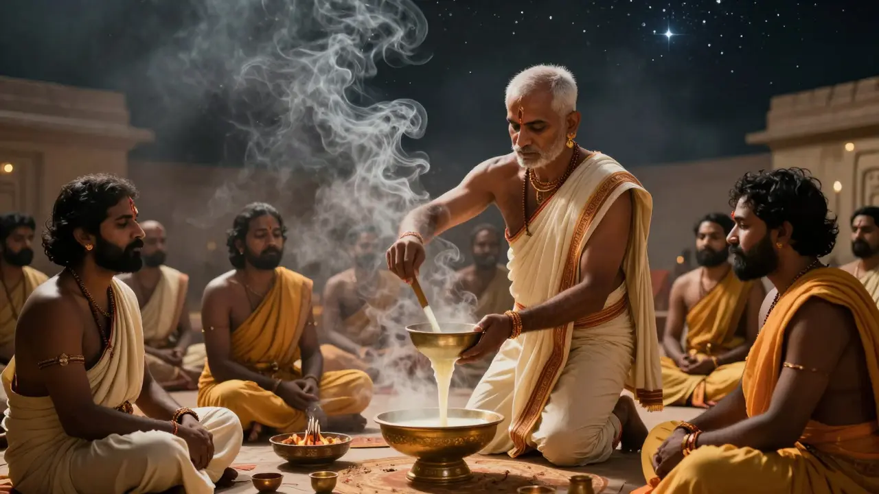 Rituál s konopíovým nápojem bhang v staré Indii.