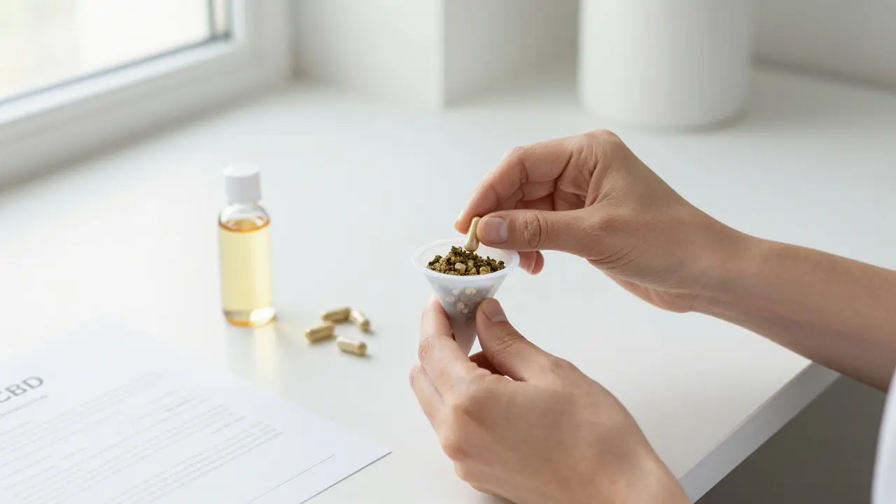 Ruce naplňující želatinové kapsle rozemletými květy CBD pomocí lžíce a kónického válce