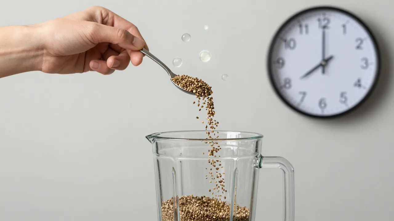 Ruka nalévá semena konopí do mixéru s symbolickými molekulami v okolí