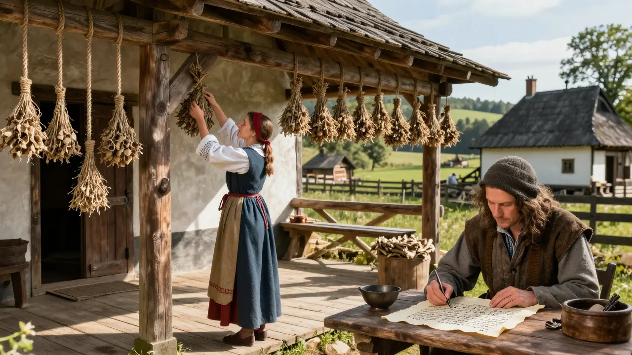 Středověká česká domácnost s konopími šňůrami nad dveřmi.