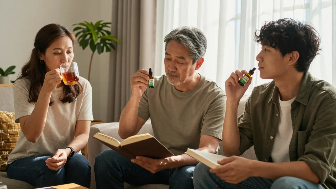 Tři lidé v klidném domácím prostředí drží láhvičky CBD oleje, klidně a uvolněně.