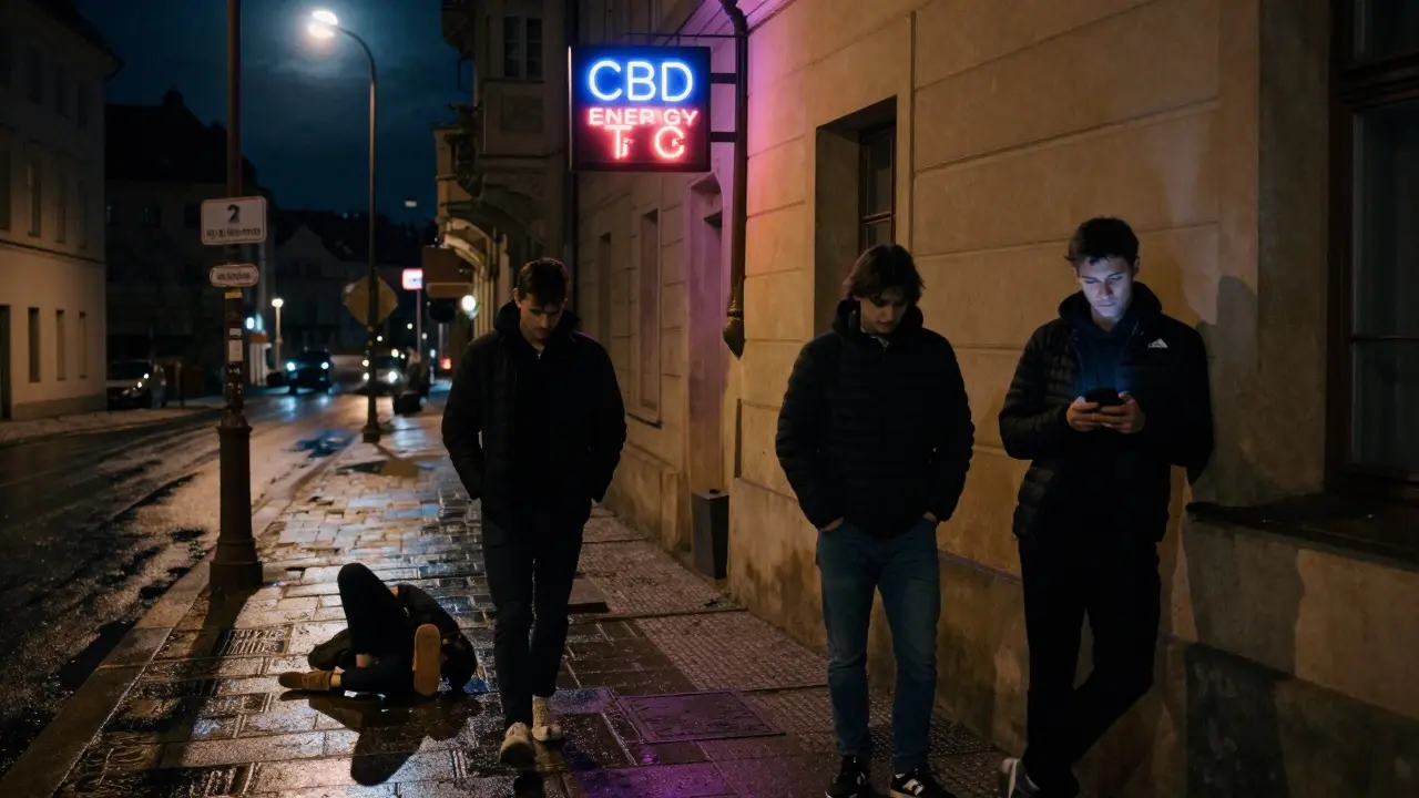 Tři mladí muži na ulici v Praze večer, jeden kročí nejistě, za nimi bliká neonový název CBD nápoje.