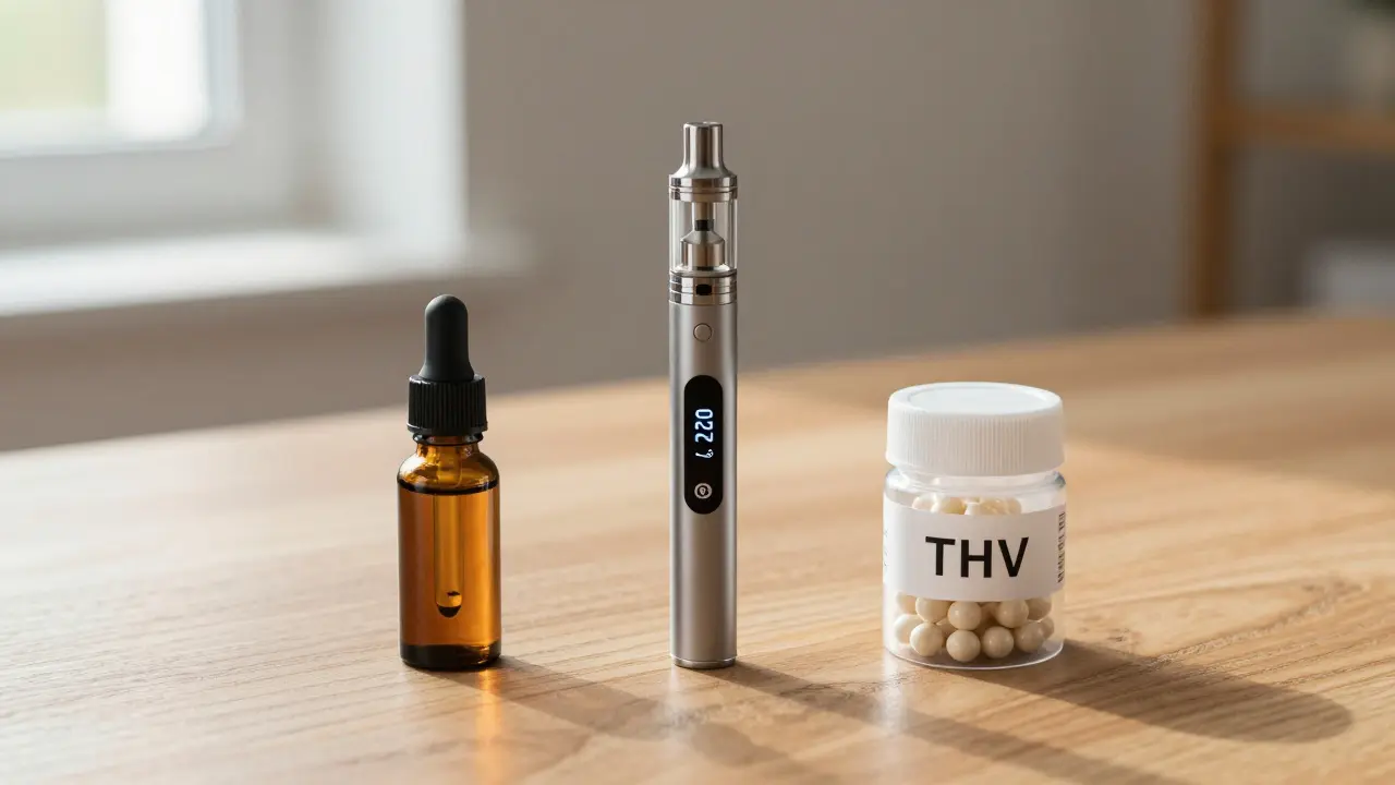 Tři způsoby užívání THCV: kapky, vape a kapsle na stole