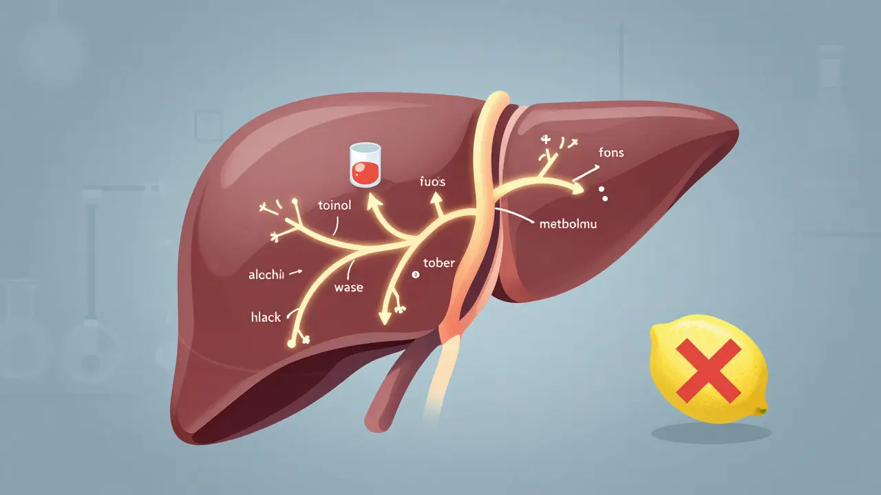 Vědecká ilustrace játra s biochemickými cestami a citronem se škrtnutím.