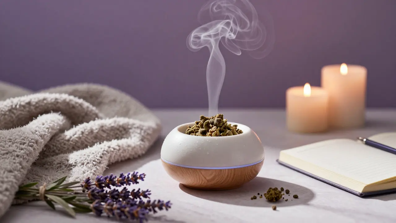 Vůně CBD květů v difuzéru v klidné wellness místnosti s svíčkami a dekou