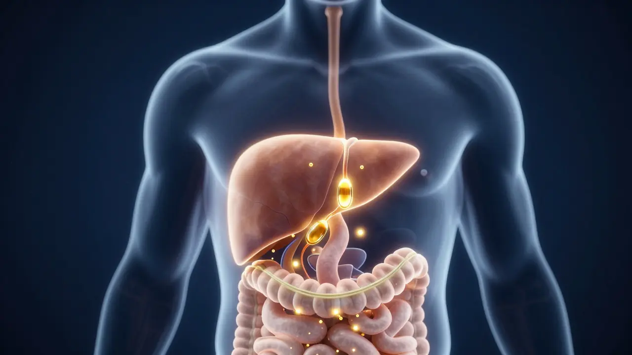 3D vizualizace metabolismu CBD v těle s důrazem na játra a tukovou tkáň.