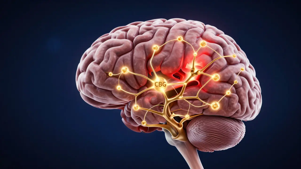 3D vizualizace mozku s přirovením zlatých molekul CBG do receptorů nervové soustavy.