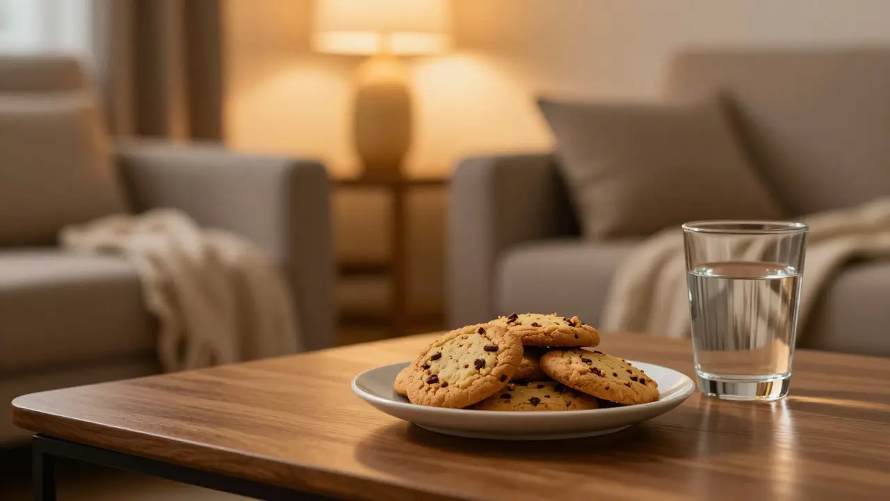 CBD cookies na stole v útulném obývacím pokoji s teplým osvětlením.