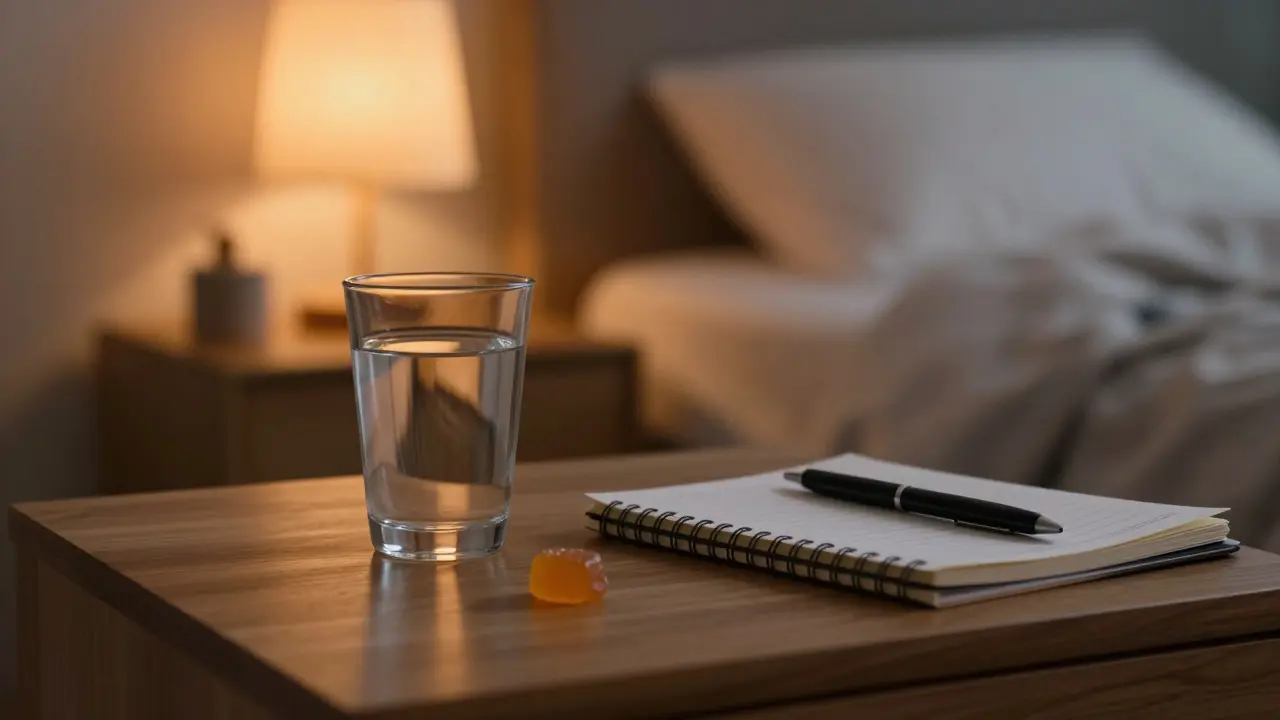 CBD gumka a zápisník na nočním stolku v útulné atmosféře dopoledne.