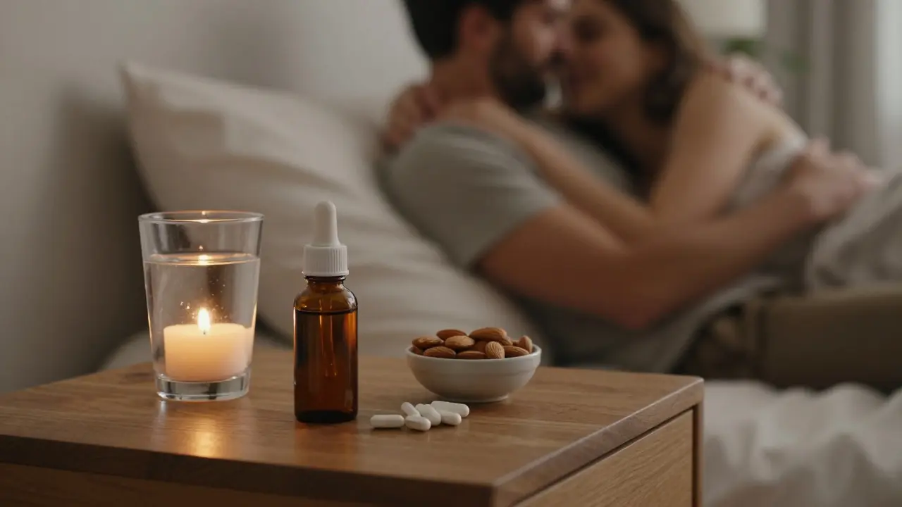 CBD olej a doplňky stravování na nočním stolku v útulné a romantické atmosféře.