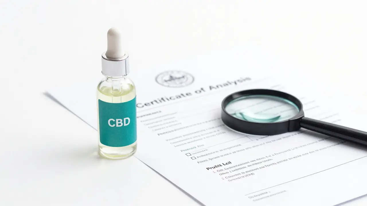 CBD olej vedle laboratorní analýzy CoA znázornění kontroly kvality a bezpečnosti.