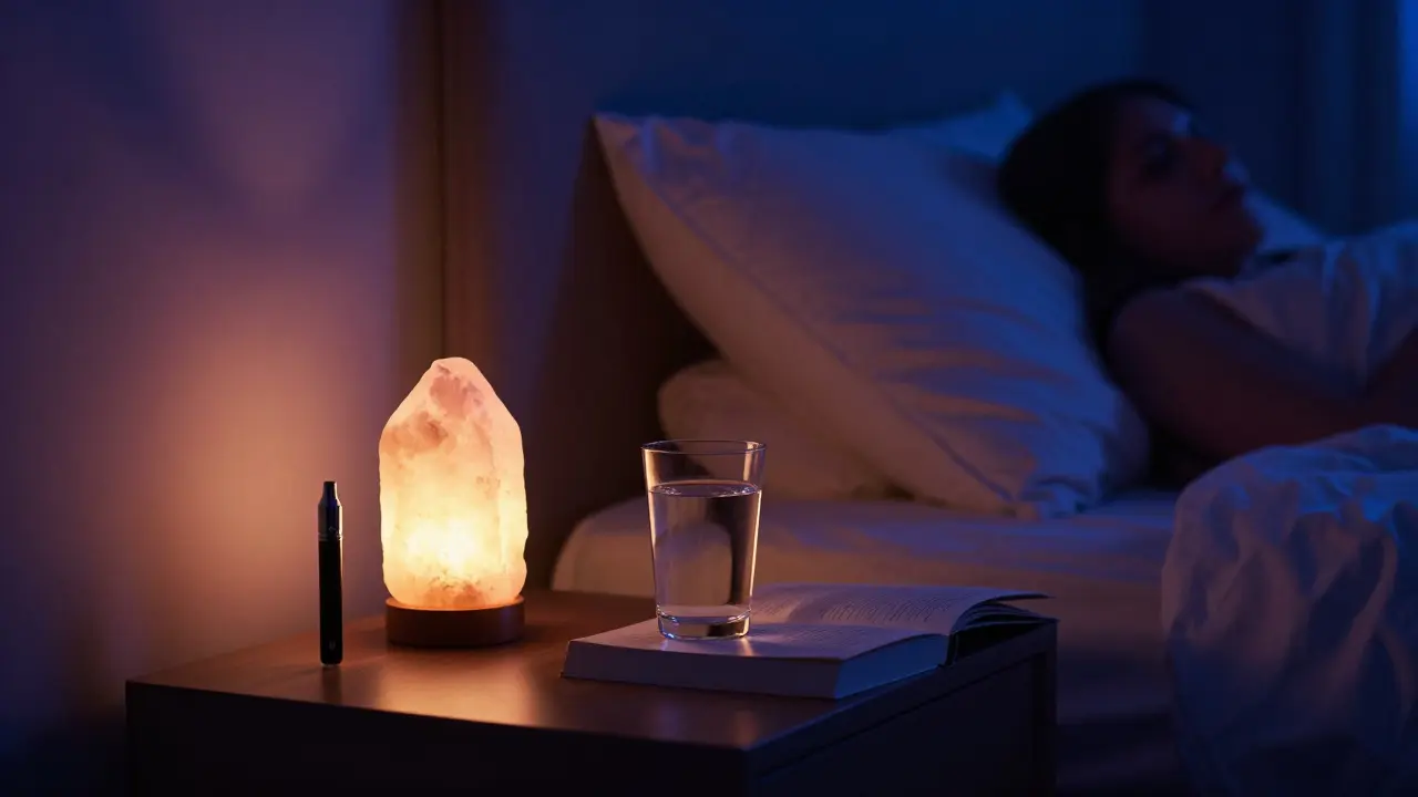 CBD vape pen na nočním stolku vedle sůlové lampy v uklidňujícím večerním prostředí.