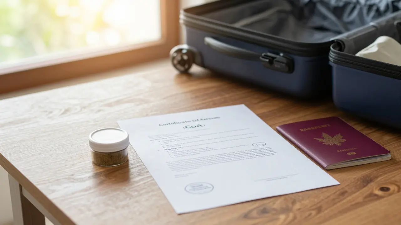 Cestovní doklady a certifikát analýzy CBD produktu vedle pasu na stole.