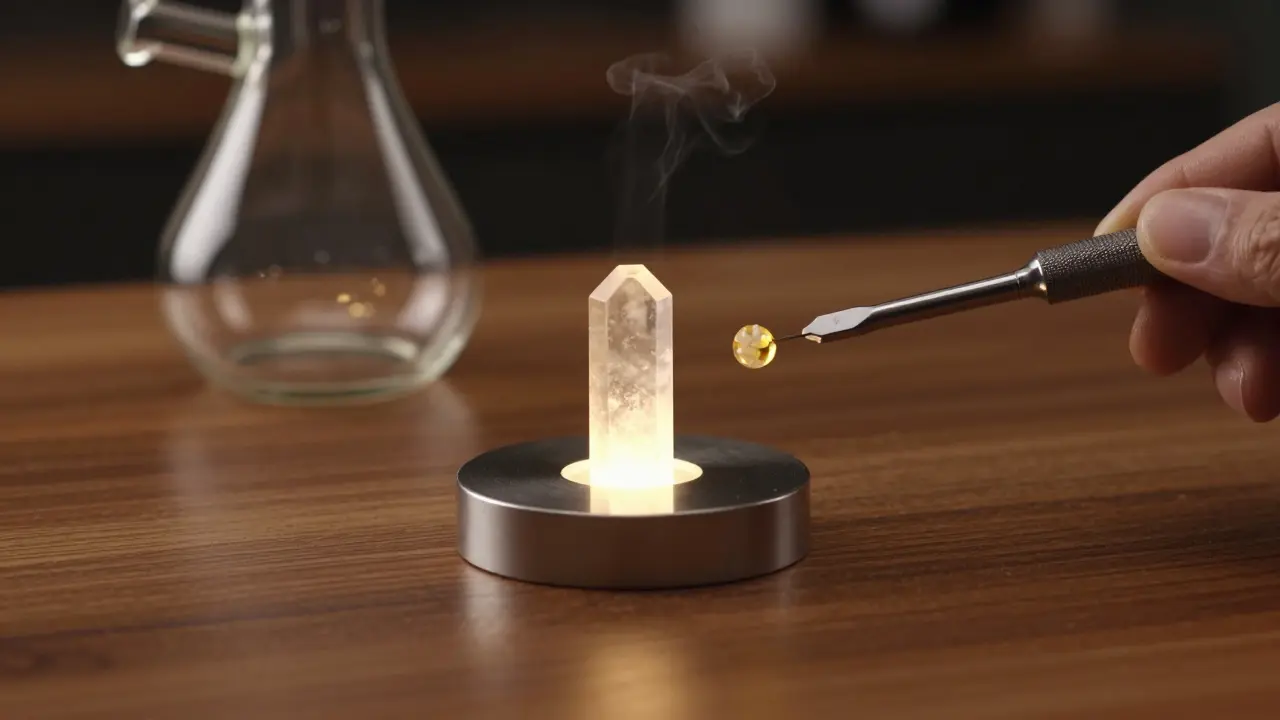 Dabbing rig s kvartzovým hřebíkem a kovovým nástrojem pro aplikaci extraktu.