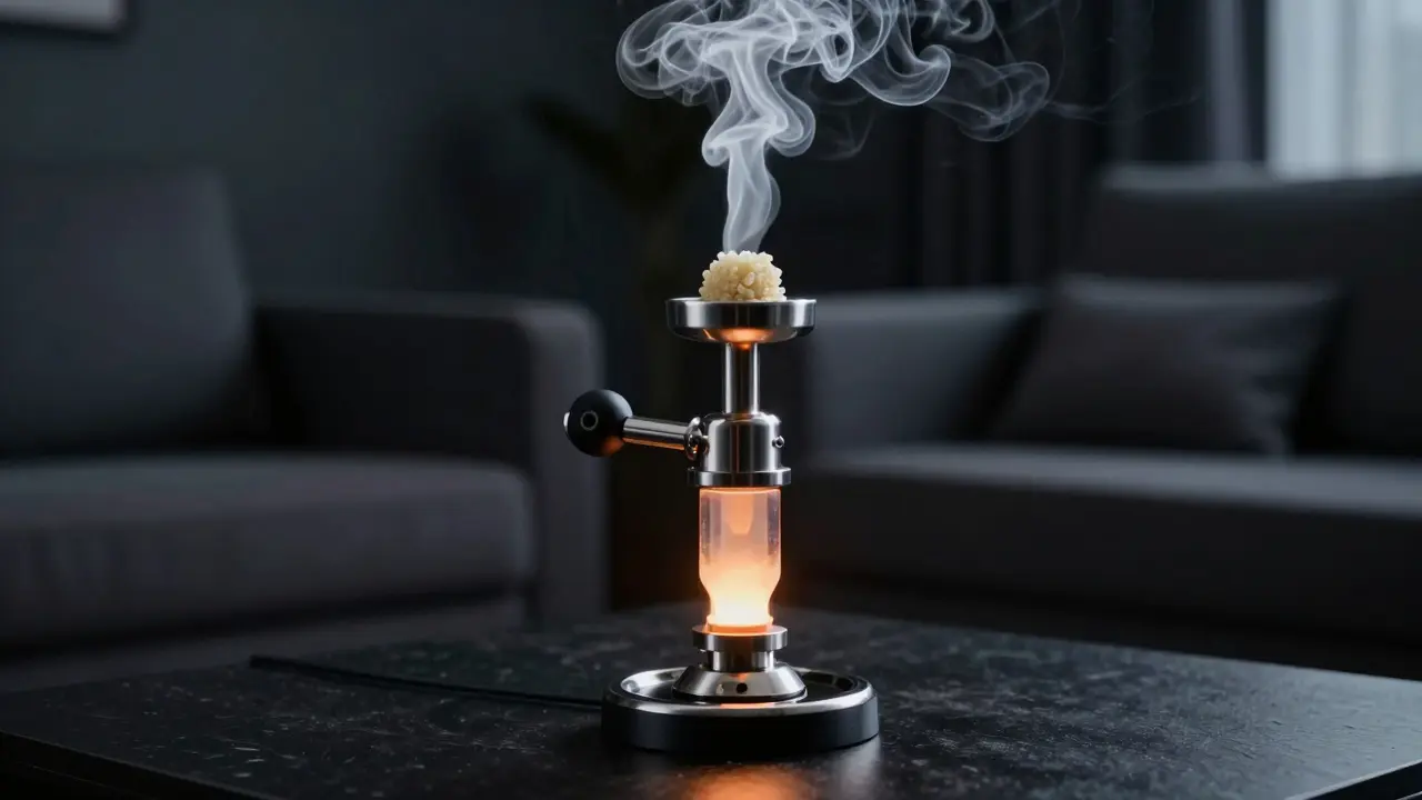 Detail dabbing rigu s hustými bílými výpary z nahřátého CBD waxu.