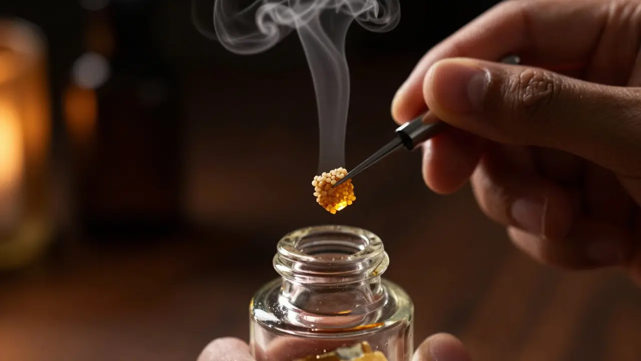 Detail procesu dabbing s CBD shatterem na zahřátém hřebíku skleněného rigu.