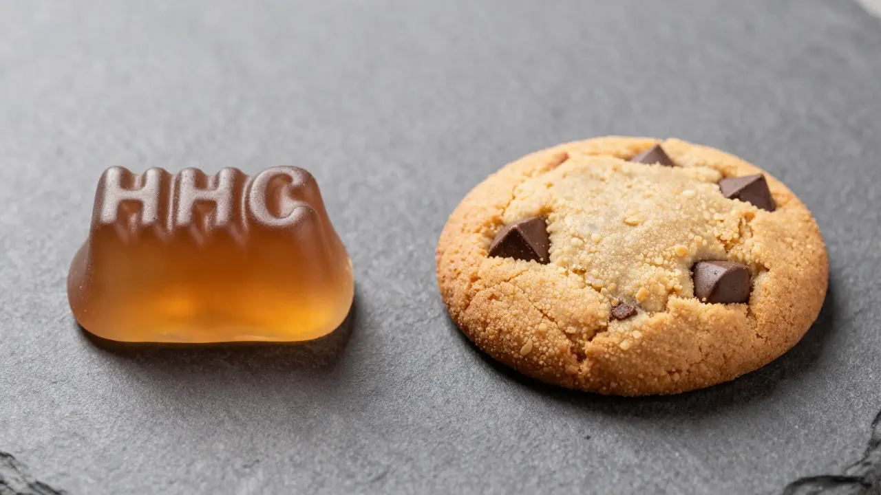 Detailní pohled na HHC žvýkací bonbon a HHC sušenku vedle sebe.