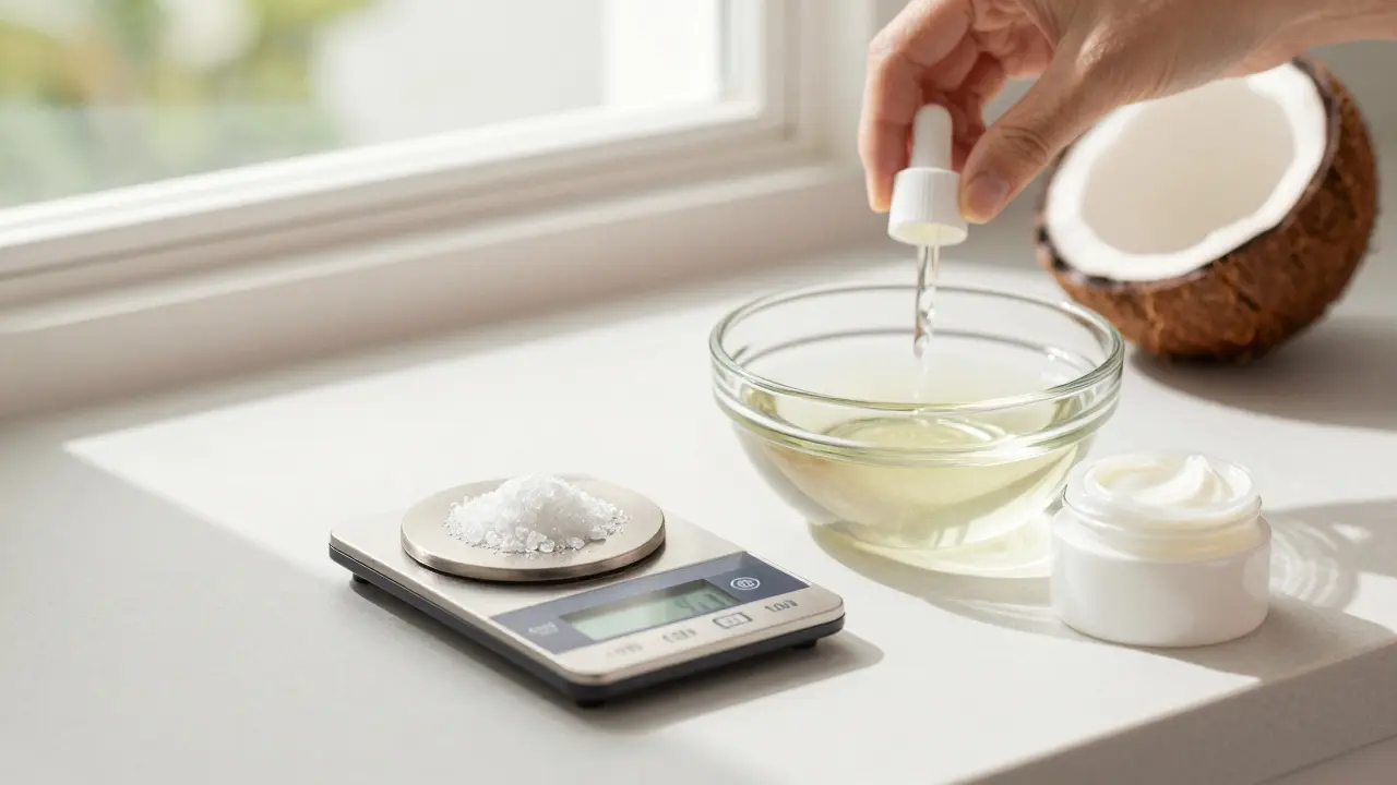 Digitální váha s CBD krystaly vedle kokosového oleje a kosmetického krému.