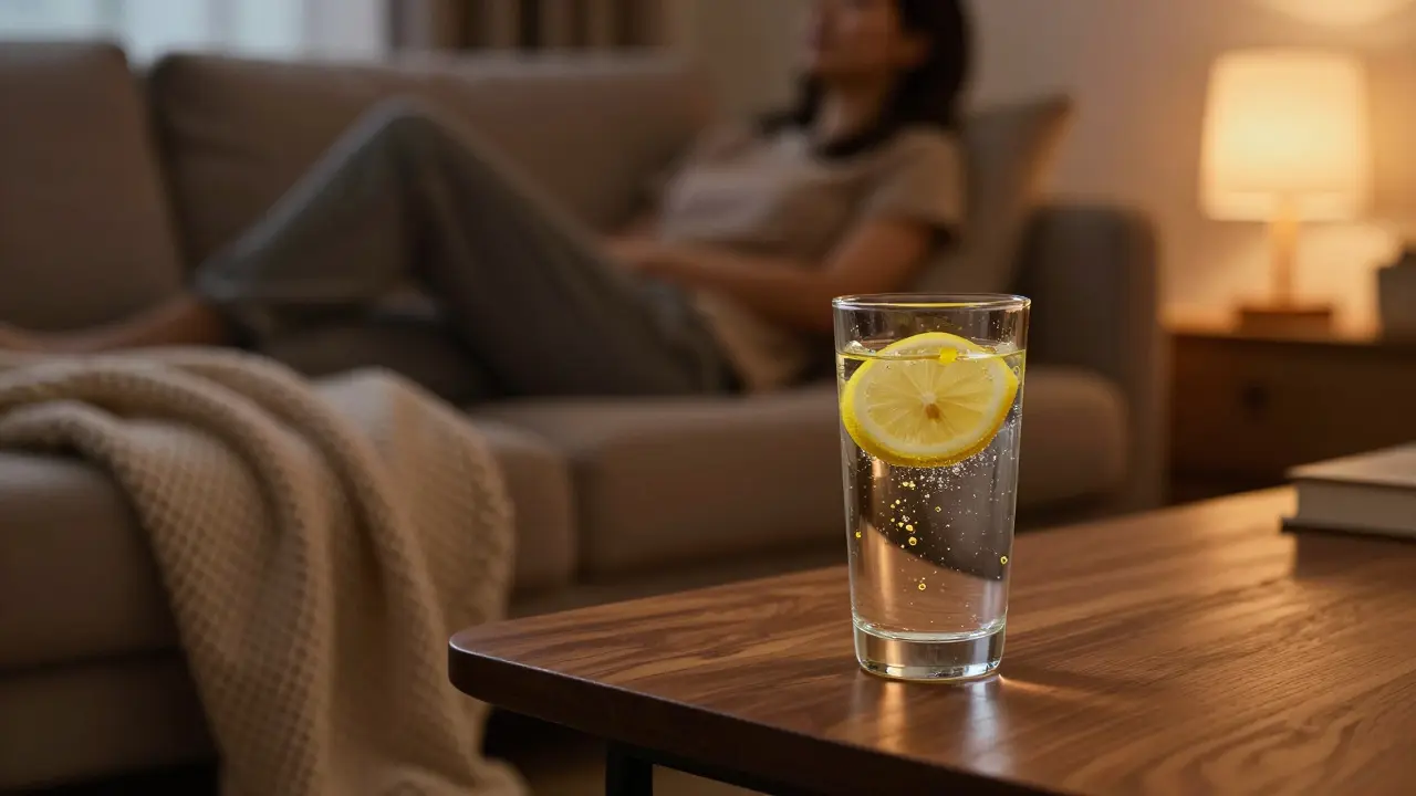 Kaluž CBD nápoje na stole v útulném obývacím pokoji během večera.