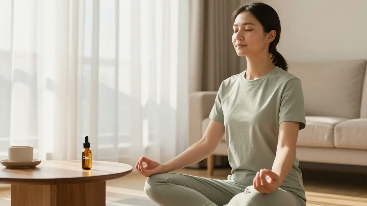 Klidný člověk při meditaci s lahvičkou CBG oleje na stole v prosvětleném interiéru.