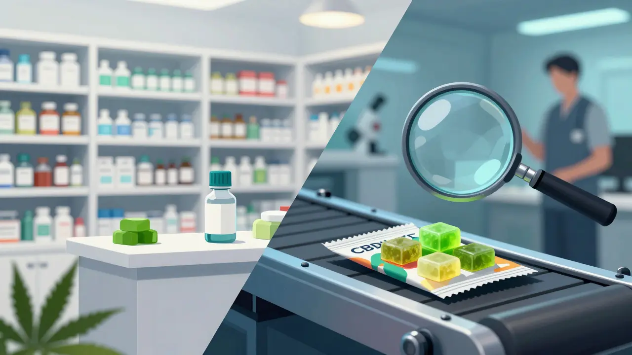 Koncepční obraz znázorňující rozdíl mezi léčebným prodejem a celní kontrolou CBD žvýkaček.