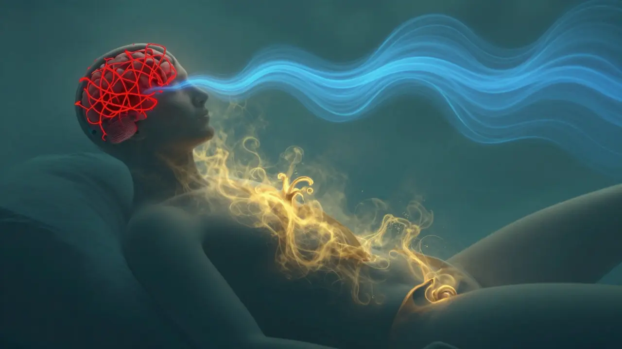 Konceptuální ilustrace uklidnění stresu v mozku pomocí CBD pro přirozenou reakci těla.