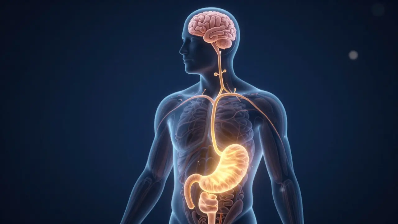 Konceptuální ilustrace vstřebávání CBD z žaludku do těla a svalů.