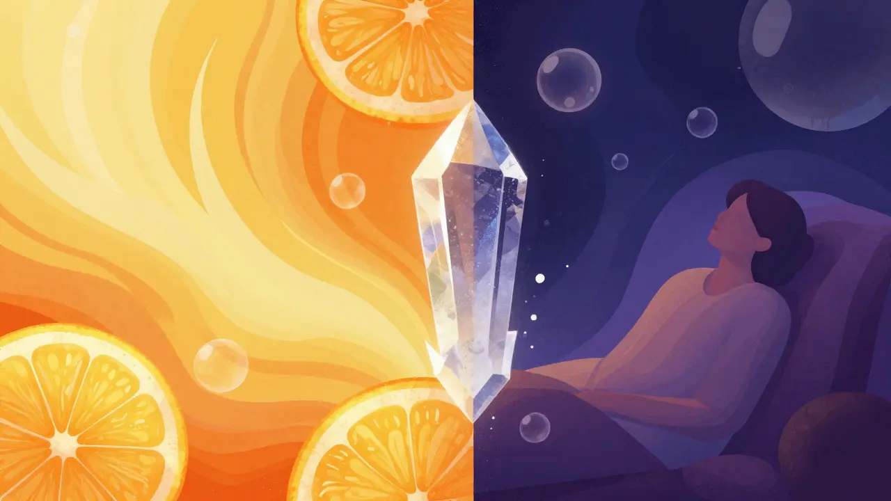 Konceptuální ilustrace znázornující energizující účinky Sativy a relaxační účinky Indiky.